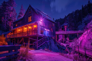 A cozy cabin illuminated in the dark mountains. Ideal for outdoor and travel concepts