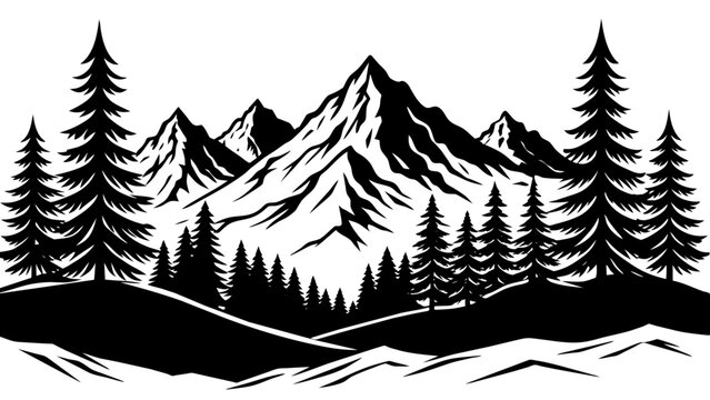 A black and white silhouette of a mountainous landscape with tall pine trees in the foreground and majestic mountains in the background