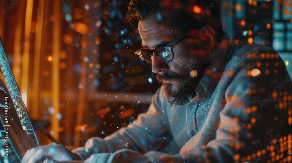 Poster a man in glasses typing on a laptop. suitable for technology concepts