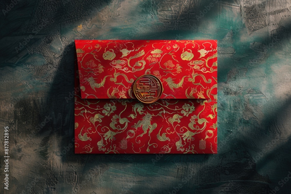 Poster a red envelope placed on a table, suitable for various occasions