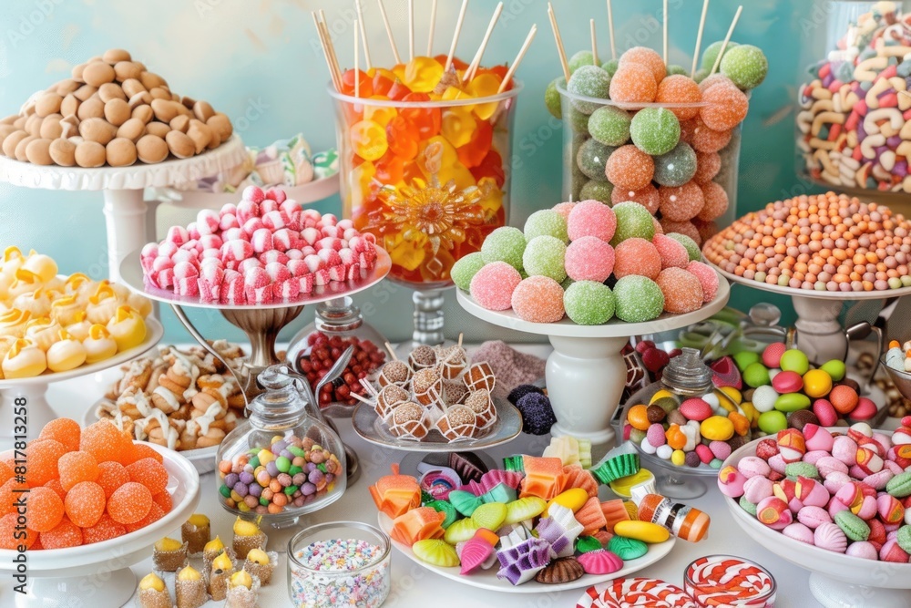 Poster A table covered with an assortment of colorful candies. Perfect for sweet treat concepts