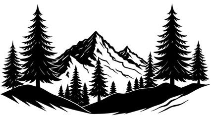 A black and white silhouette of a mountainous landscape with tall pine trees in the foreground and majestic mountains in the background
