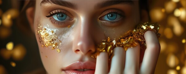 Golden makeup with a touch of glitter
