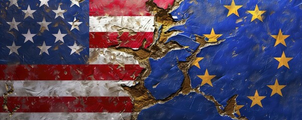 Cracked surface with USA and EU flags