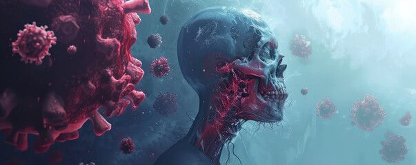 Virus representation with a human skull shape