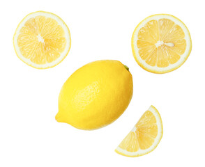 Fototapeta premium Top view set of beautiful yellow lemon fruit with half and slices or quarters isolated with clipping path in png file format