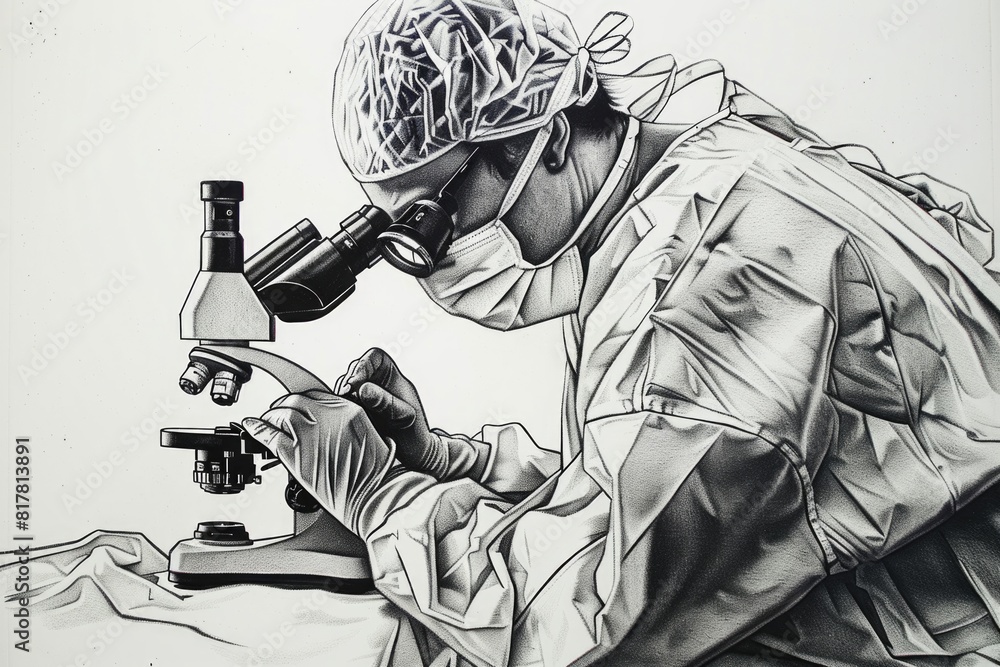 Sticker A doctor examining a specimen under a microscope. Suitable for medical and scientific concepts