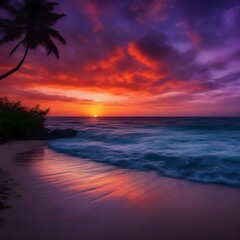 Sunset or sunrise landscape, panorama of beautiful nature, beach with colorful red, orange and purple clouds reflected in the ocean water