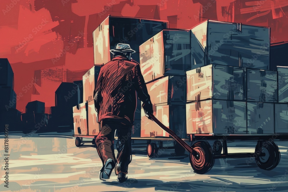 Aufkleber a man is seen pulling a cart filled with boxes. suitable for logistics and delivery concepts