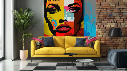 Yellow couch with pop art in the background 