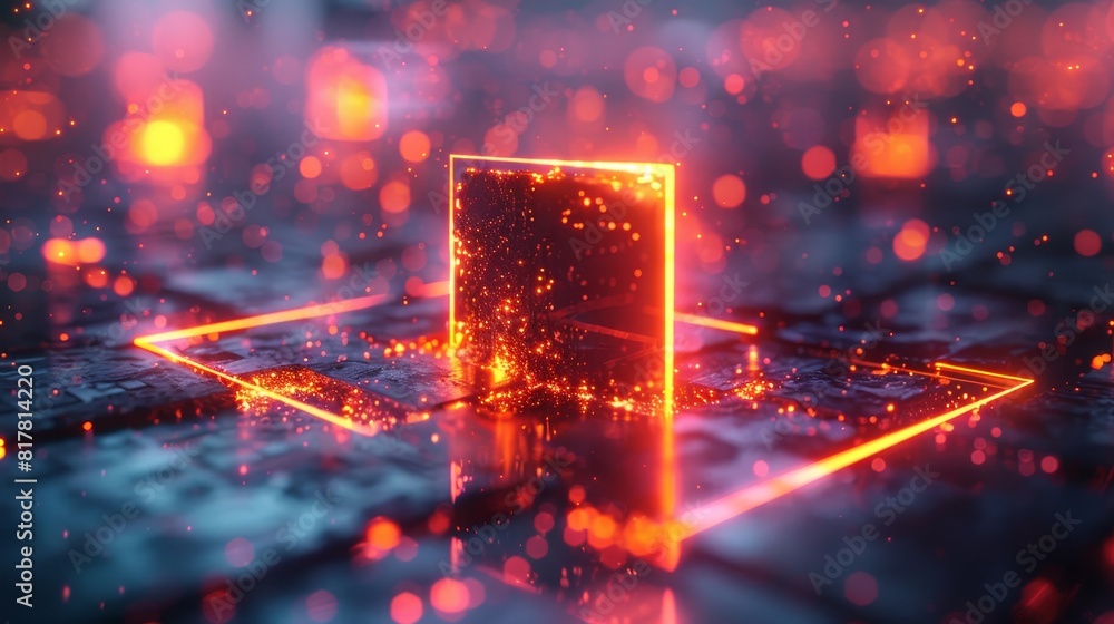 Poster a 3d render of a neon square floating in a digital space, with glowing geometric shapes inside, crea