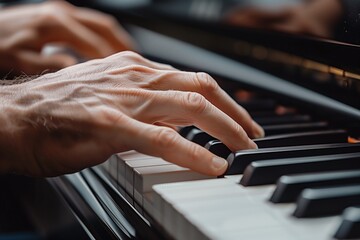 pianist's hands pressing the keys of a grand piano