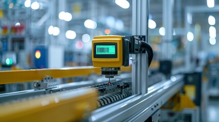 A close-up of a barcode scanner being used to track inventory in a high-tech manufacturing facility, highlighting the importance of technology in factory logistics.