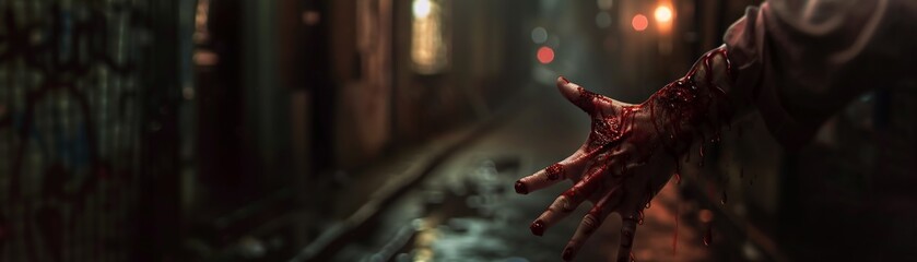 A bloodied hand reaching out from a dark alley, chilling air, realistic, Rembrandt lighting, Depth of Field bokeh effect