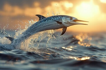 Obraz premium Swordfish leaping out of the ocean, ideal for seafood restaurant promotions. 