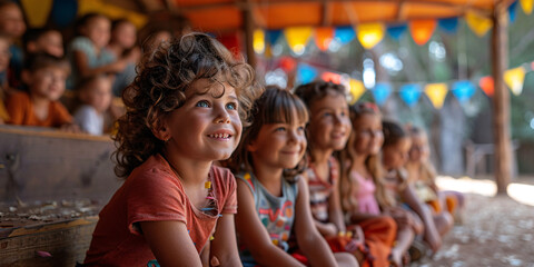 Close-up of children enjoying a puppet show outdoors