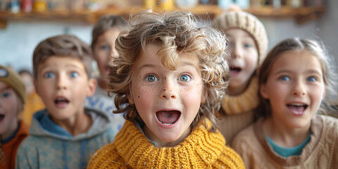 Close-up of children making funny faces and posing for photos