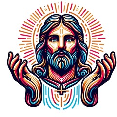 A colorful illustration of a jesus christ with his hands in front of him has illustrative meaning card design realistic.