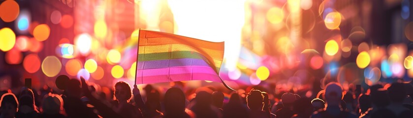 Protest banner, rainbow-colored, held high in a sea of people marching for equality, amid an urban city setting, realistic image, with depth of field bokeh effect