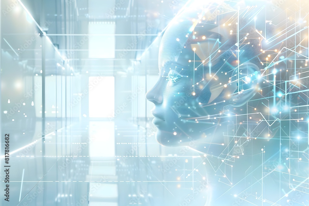 Poster artificial intelligence and futuristic computer system in a light blue and white digital background