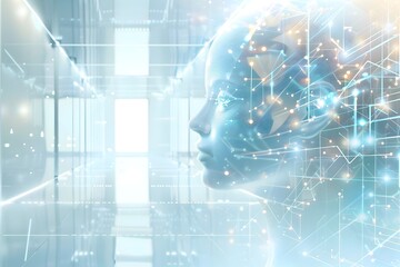 Artificial intelligence and futuristic computer system in a light blue and white digital background