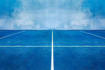 Minimalist Blue Tennis Court with Bright White Lines and Sky Overhead