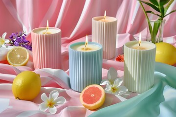 Elegant Candle Collection with Summer Fragrances and Colorful Home Decor Arrangement