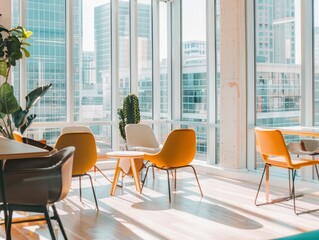 A large open room with a view of the city
