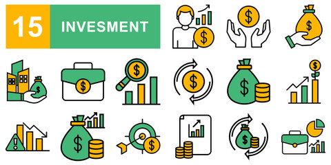 set of 15 outline web investment icons such as venture capital, market, dollar cost average, dividends, portfolio, growth, real estate, investment