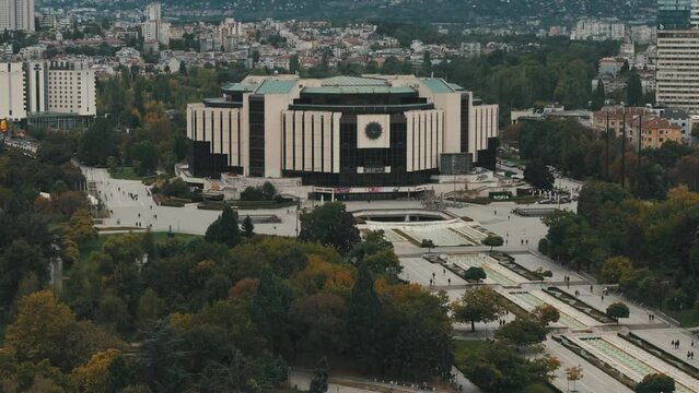 Drone footage of the National Palace of Culture and the NDK fountains in Sofia, Bulgaria