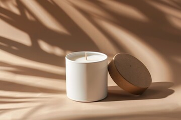 Minimalist White Candle Mockup with Luxurious Ecological Packaging on Earth Toned Background