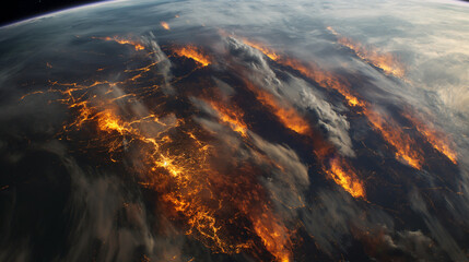 Earth in satellite view and fire burning on earth