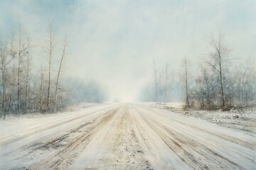 Obraz na płótnie Canvas Snow-covered road stretching into a foggy horizon, flanked by bare trees