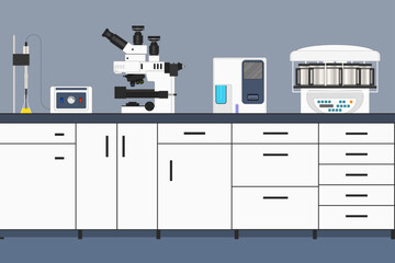 Pathology laboratory. Laboratory equipment for medical research. Microscope, automatic tissue processor, automatic hematology analyzer, homogenizer. Medical laboratory