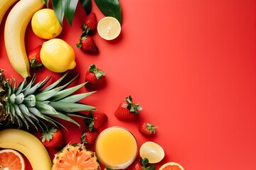 Fresh Tropical Fruit Assortment on Bright Red Background for Healthy Juice and Detox Concept