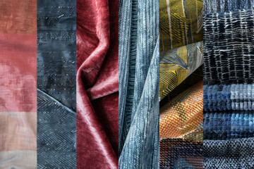 A collage of different types of textured fabrics, from velvet to denim, showcasing their diverse tactile qualities.