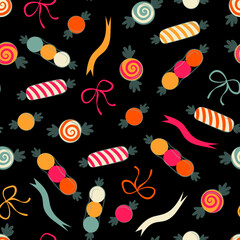 Seamless background with various candies. Candy repeated pattern. Pinata filling background. Cartoon illustration of  cheerful candy seamless pattern background. Perfect for wrapping, packaging print.