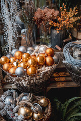 Festive and elegant New Year's decorations on the store's counter.