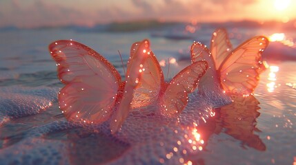   A cluster of rosy butterflies perched on a sandy seashore, surrounded by the ocean and a stunning sunset