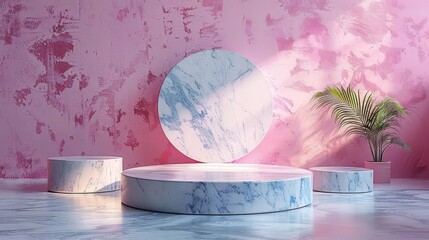Background podium product display 3D stand platform white marble stone. Product podium background stage cosmetic pastel shadow pedestal mockup render empty beauty floor minimal studio abstract scene