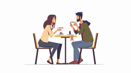 Couple eat at sushi bar vector flat illustration. Funny