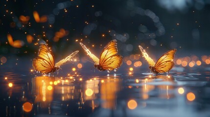   A group of three yellow butterflies float gracefully on top of the shimmering water, surrounded by the dense forest illuminated by numerous twinkling lights
