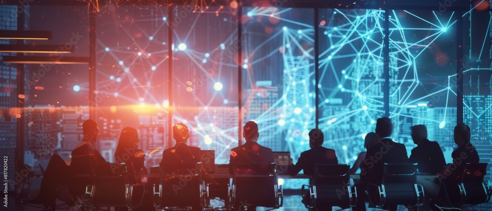 Poster a business meeting in a modern office with a digital screen showing blockchain technology applicatio