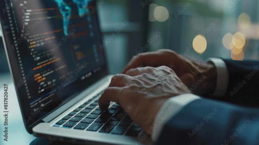 Fototapete an abstract visual of interconnected blockchain nodes with a business professional in the background