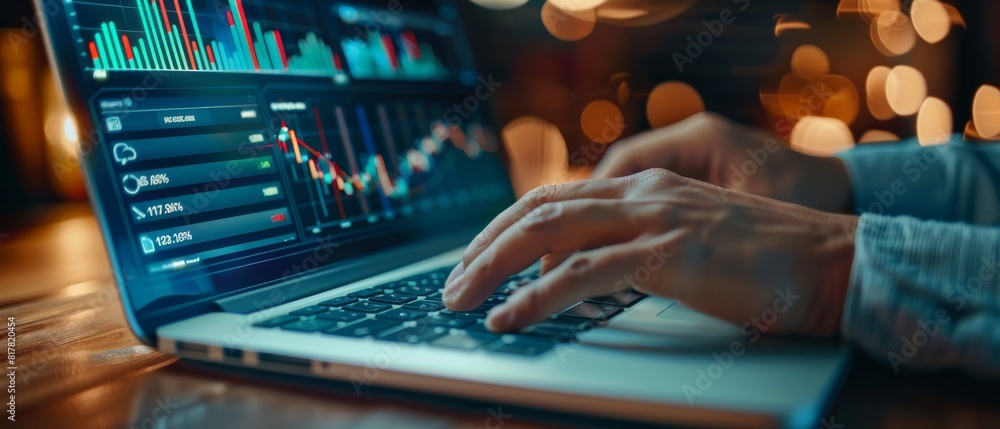 Poster a business professional working on a laptop, with a machine learning algorithm interface displaying 