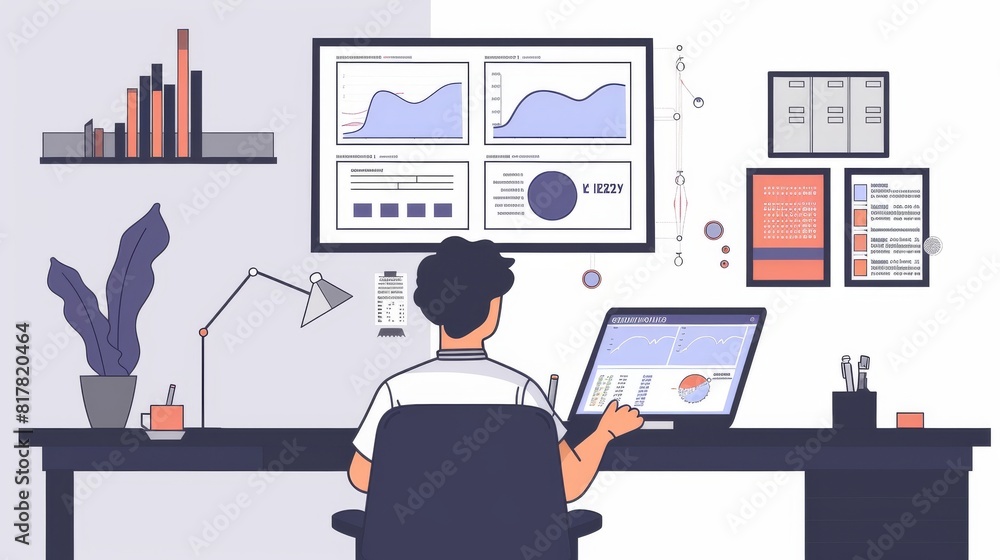 Poster a desk with a laptop open to a machine learning dashboard analyzing customer behavior patterns, with