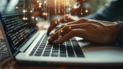 A business professional working on a laptop, with a machine learning algorithm interface displaying customer segmentation data, graphs, and insights, with blank space for text or graphics
