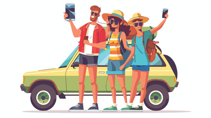 Couple taking selfie photo with smartphone near car 