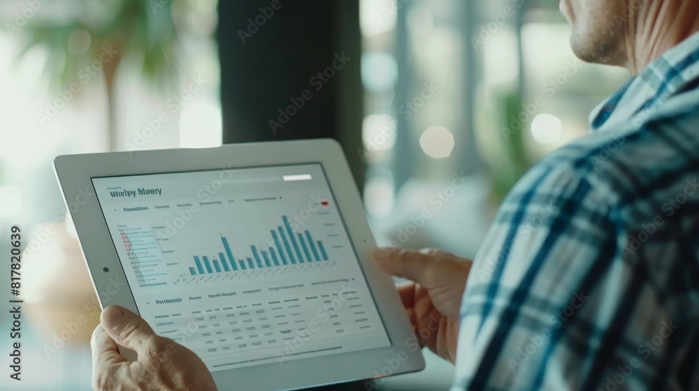 Fototapete a side view of a marketer using a tablet to review real-time marketing analytics powered by machine 