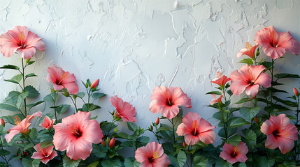 bottom frame of hibiscus flowers and green leaves on a white texture wall background, soft light